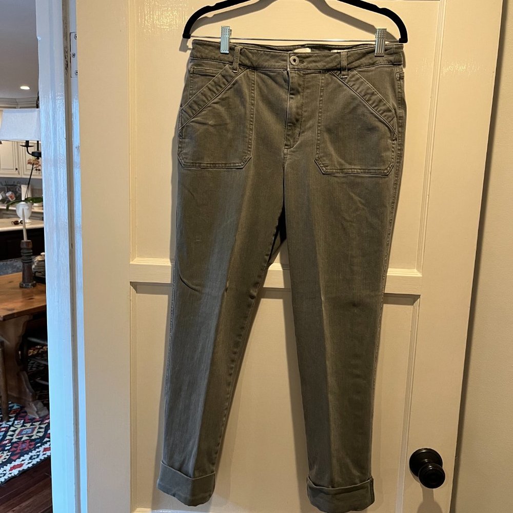 J. Jill High-Rise, Straight Leg Jeans with Ankle Cuff in Olive Green, Size 10